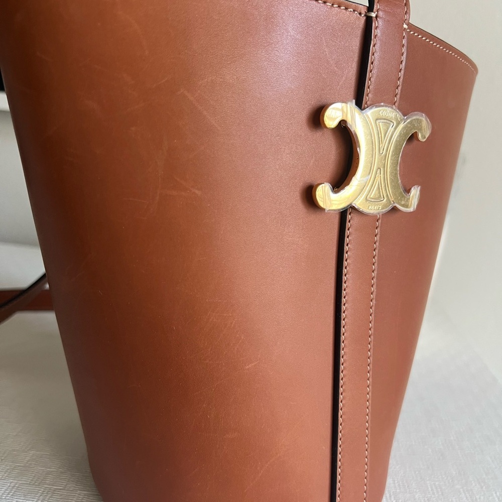 Celine Tan Leather Bucket Bag with Gold Accent - Picture 5 of 9